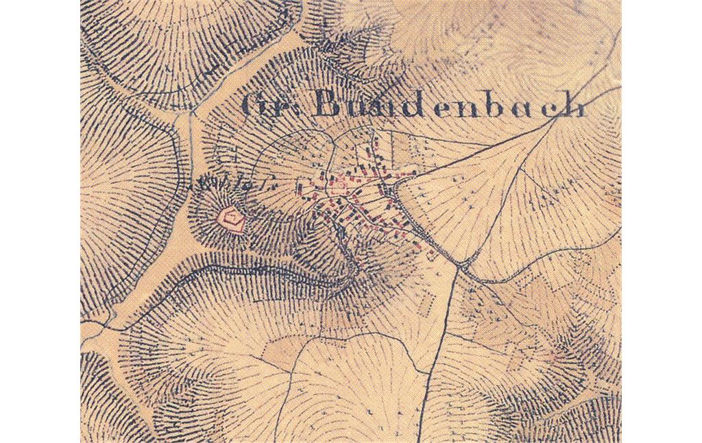 Die Burgstelle Bundenbach auf einem Ausschnitt der Karte des Urkatasters von 1841.