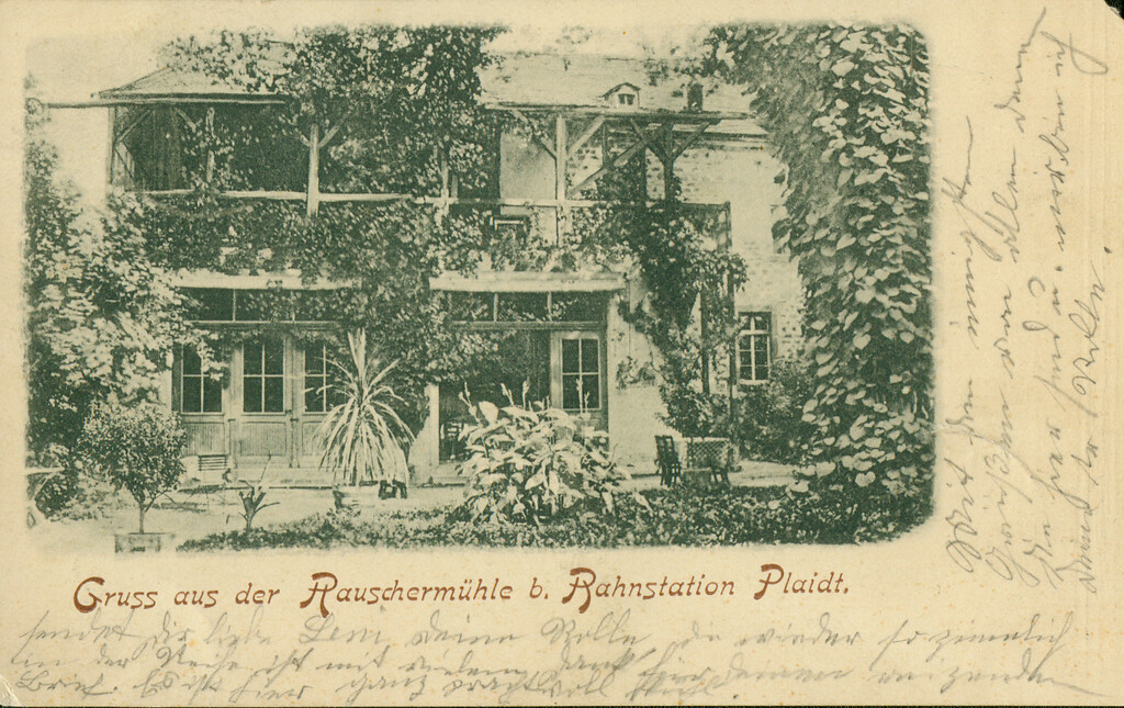 Historische Postkarte mit dem Rauscher Wasserfall und der Rauschermühle an der Nette in Plaidt (gelaufen 1899)