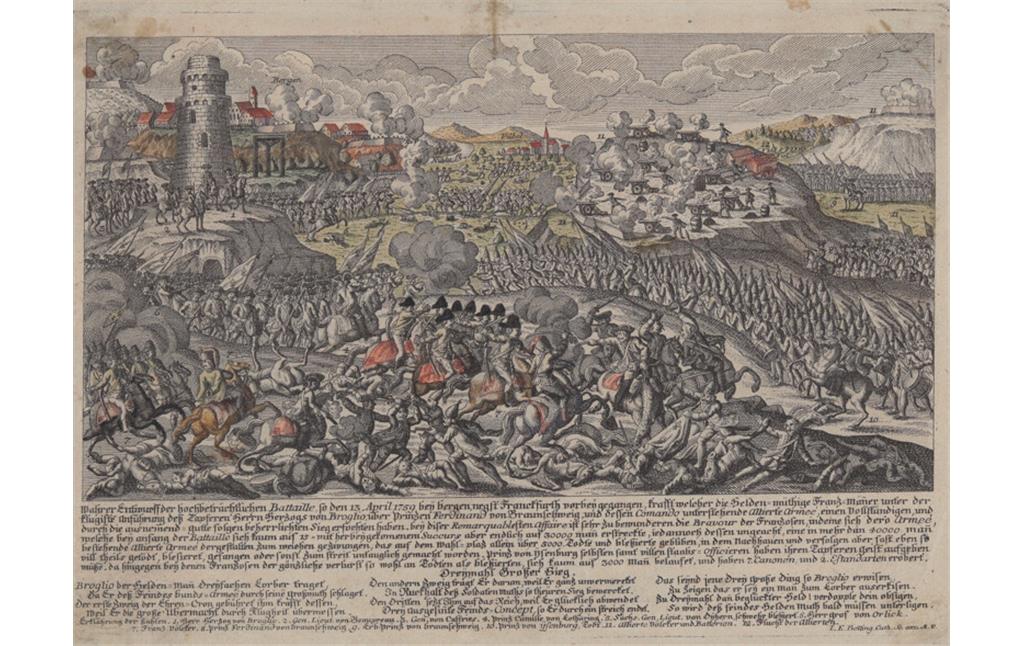 Kolorierter Kupferstich der Schlacht zu Bergen und Vilbel 1759