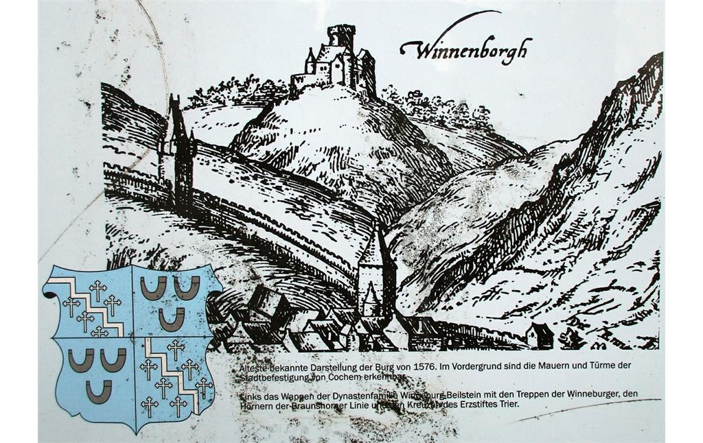 Historische Darstellung der Winneburg von 1576 und das Wappen der Herrschaft Winneburg und Beilstein (2018).
