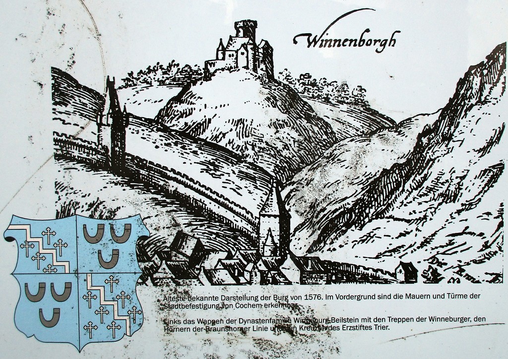 Historische Darstellung der Winneburg von 1576 und das Wappen der Herrschaft Winneburg und Beilstein (2018).