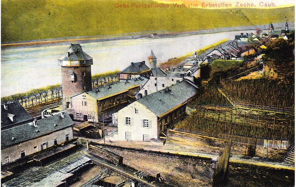 Die Grube Wilhelm-Erbstollen am südlichen Stadtrand von Kaub auf einer Ansichtskarte (um 1910)