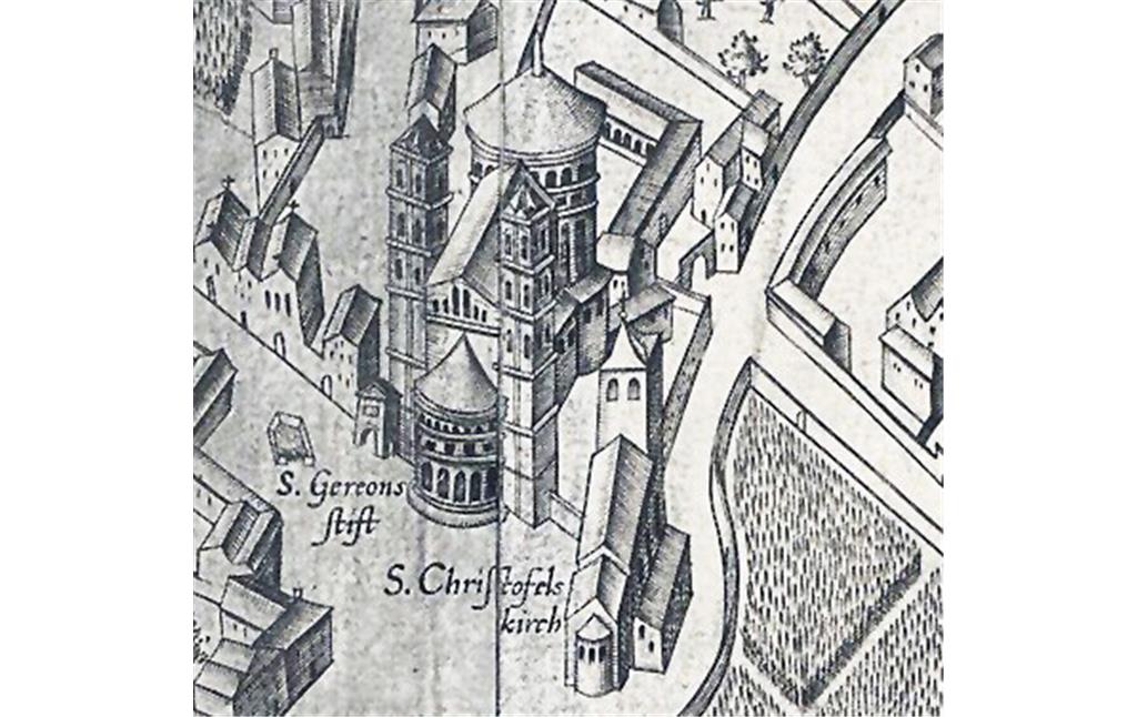 Das Stift St. Gereon und die Pfarrkirche St. Christoph auf einer Kölner Stadtansicht nach Arnold Mercator von 1570/71. Die beiden Gotteshäuser sind als "S. Gereonsstift" und "S. Christofelskirch" eingezeichnet.