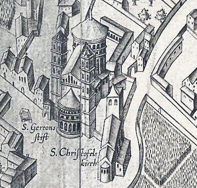 Das Stift St. Gereon und die Pfarrkirche St. Christoph auf einer Kölner Stadtansicht nach Arnold Mercator von 1570/71. Die beiden Gotteshäuser sind als "S. Gereonsstift" und "S. Christofelskirch" eingezeichnet.
