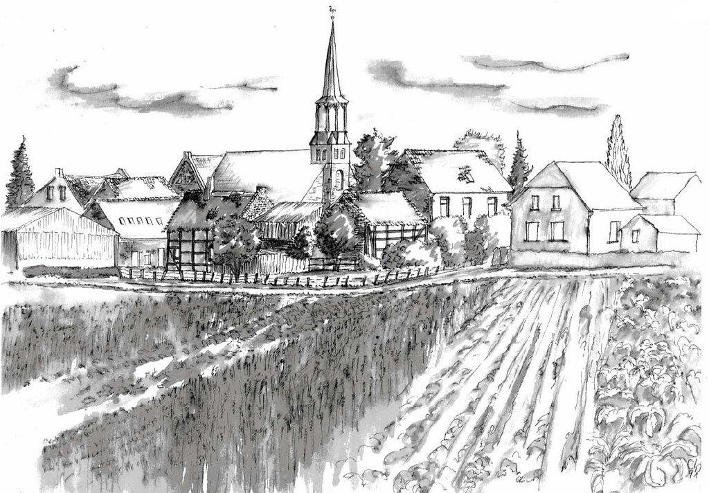 Blick vom einem Feld auf den Dorfrand von Etzweiler mit der Pfarrkirche St. Hubertus in der Mitte, Zeichnung von Johannes Mausbach.
