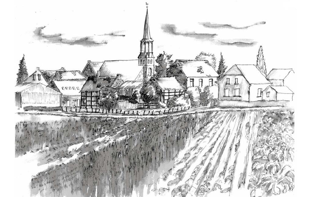 Blick vom einem Feld auf den Dorfrand von Etzweiler mit der Pfarrkirche St. Hubertus in der Mitte, Zeichnung von Johannes Mausbach.
