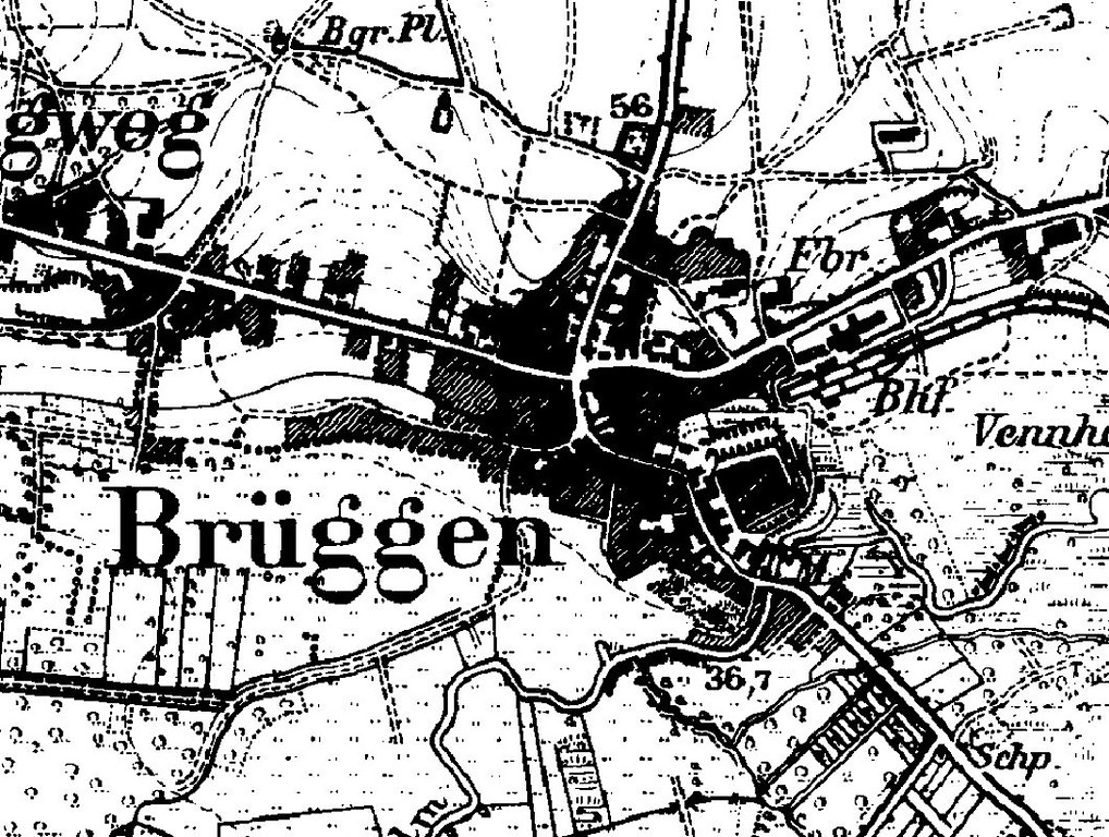 Der historische Burgort Brüggen auf einem Ausschnitt der Karte "Preußische Neuaufnahme" von 1891-1912.