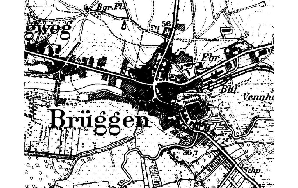 Der historische Burgort Brüggen auf einem Ausschnitt der Karte "Preußische Neuaufnahme" von 1891-1912.