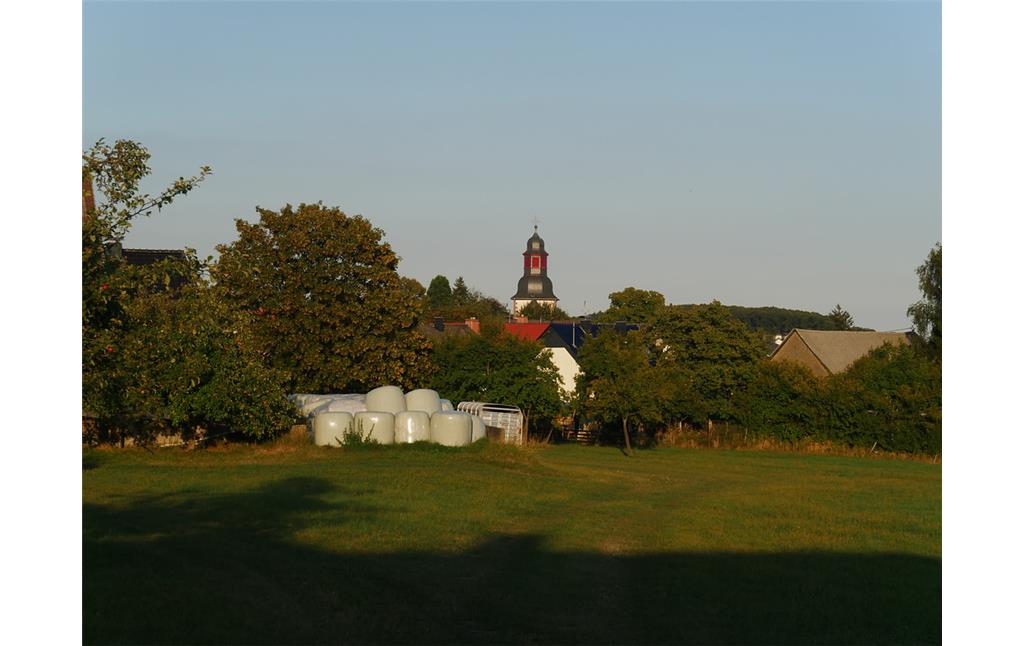 Turm der katholischen Pfarrkirche Maria Himmelfahrt Dörrebach von der Flur "Am Hollerpfad" aus gesehen (2016)