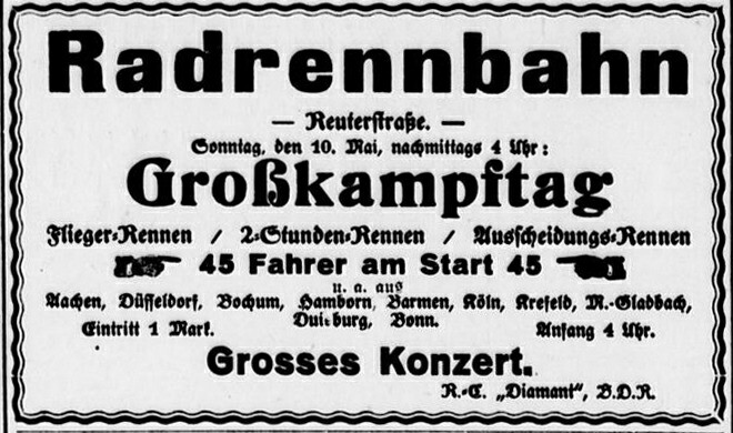 Anzeige im Bonner General Anzeiger vom 10. Mai 1925 mit der Ankündigung eines an diesem Tag stattfindenden "Großkampftags" auf der Radrennbahn Reuterstraße in Kessenich.