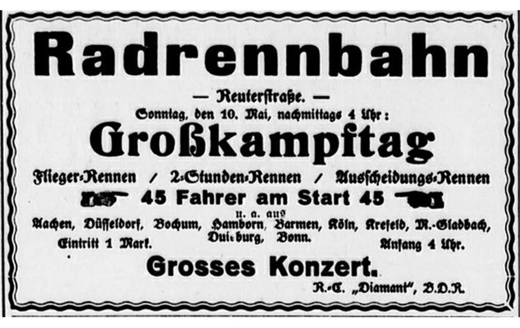 Anzeige im Bonner General Anzeiger vom 10. Mai 1925 mit der Ankündigung eines an diesem Tag stattfindenden "Großkampftags" auf der Radrennbahn Reuterstraße in Kessenich.