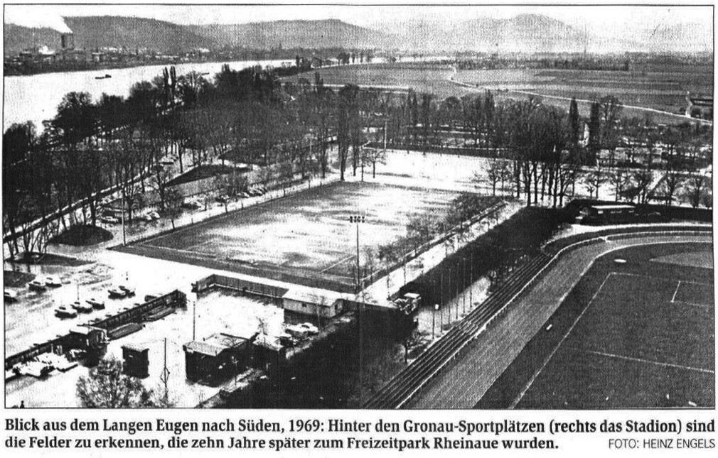 Zeitungsausschnitt von nach 1979 mit einer Aufnahme des Sportparks Gronau in Bonn im Jahr 1969.