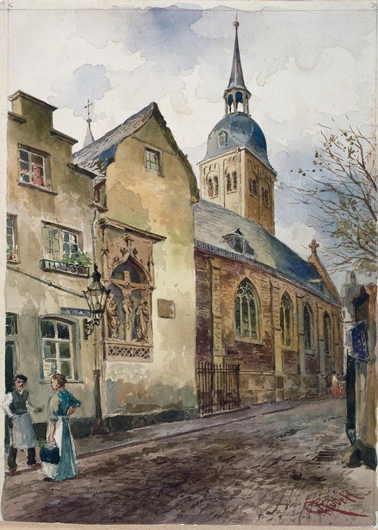 Aquarell von Carl Rüdell (1910): Die Spielmannsgasse mit Küsterhaus, Kreuzigungsgruppe und der Kirche Sankt Johann Baptist in Köln.