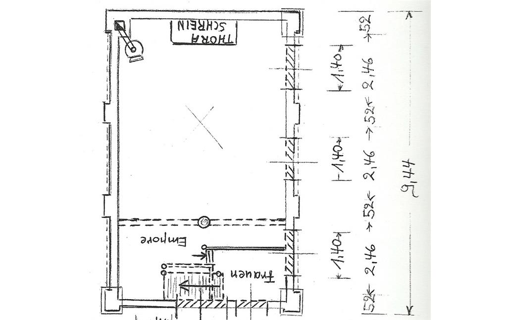 Skizze mit dem Grundriss des Innenraums der Synagoge in Nettetal-Kaldenkirchen (entstanden zwischen 1945 und 1960)