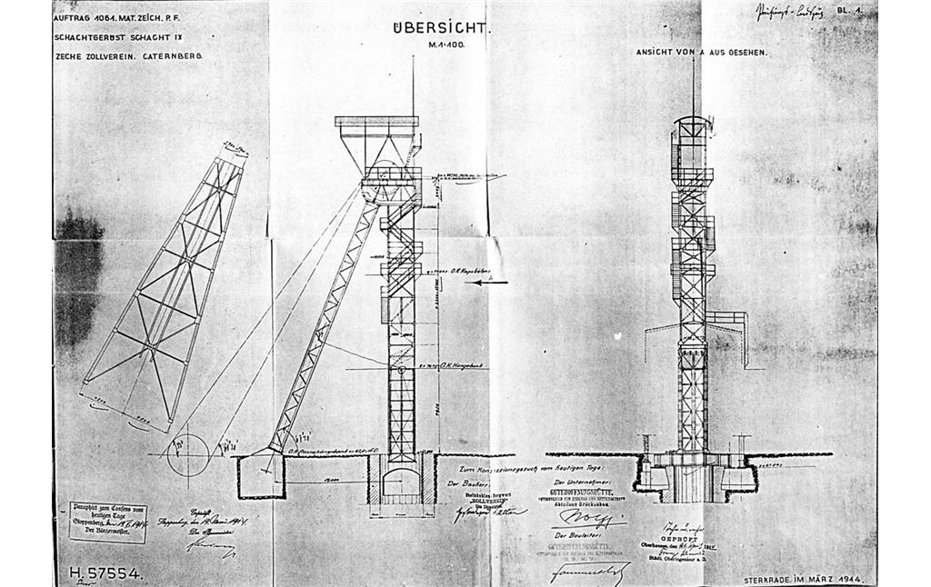 Bauplan des Fördergerüstes des Schachtes 9 der Zeche Zollverein