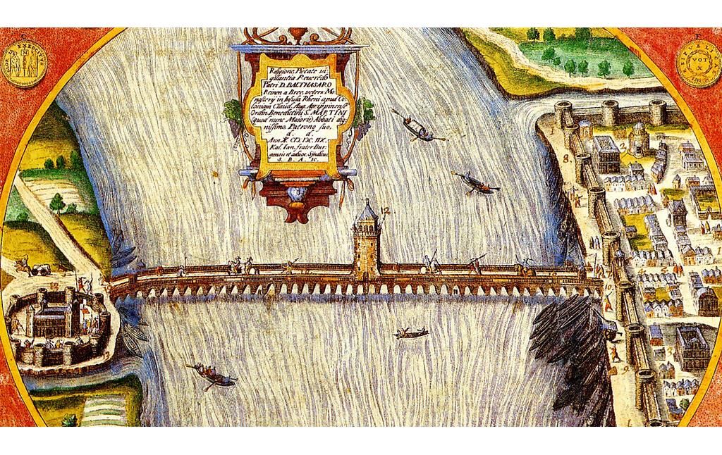 Später kolorierte Zeichnung der Kölner Konstantinbrücke von Stephan Brölmann: "De ponte Constantiniano observationes ex Broelmanno" (1608).