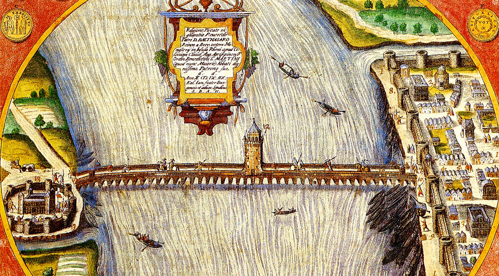 Später kolorierte Zeichnung der Kölner Konstantinbrücke von Stephan Brölmann: "De ponte Constantiniano observationes ex Broelmanno" (1608).