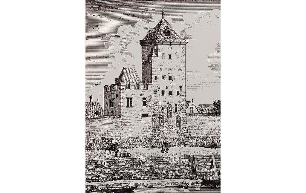 Undatierte Ansicht des Kölner Frankenturms am Rheinufer (aus: H. Wiethase, Cölner Thorburgen und Befestigungen, 1884).