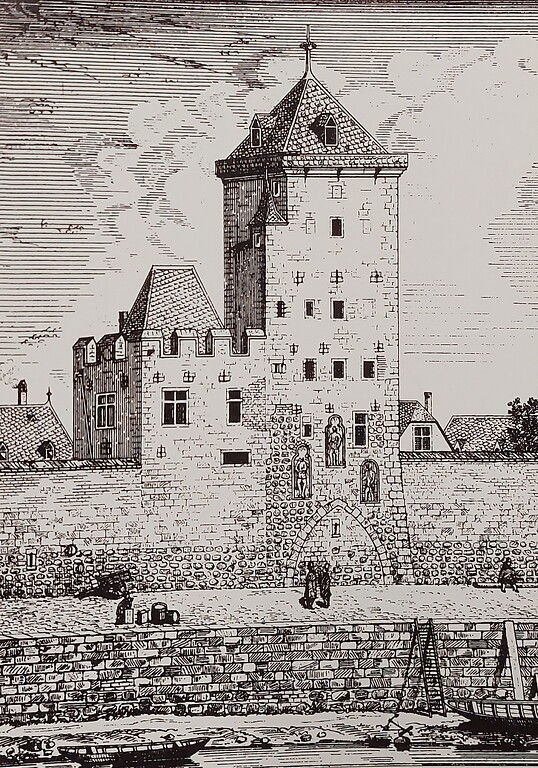 Undatierte Ansicht des Kölner Frankenturms am Rheinufer (aus: H. Wiethase, Cölner Thorburgen und Befestigungen, 1884).