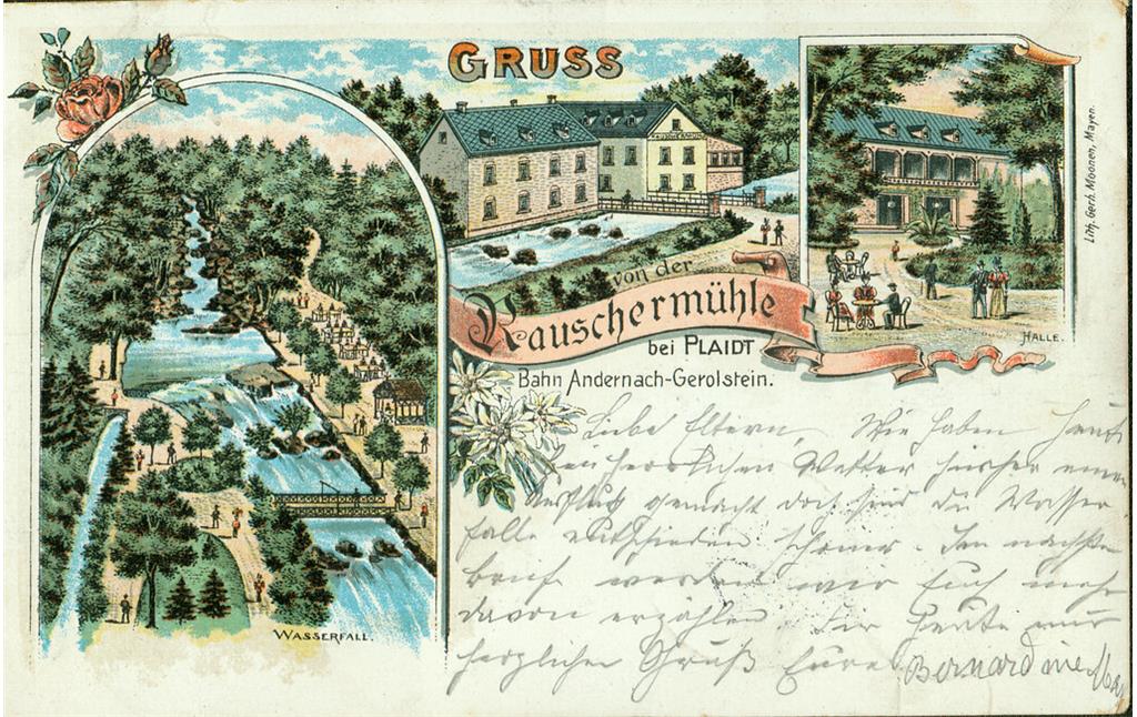 Historische Postkarte mit dem Rauscher Wasserfall und der Rauschermühle an der Nette in Plaidt (gelaufen 1898)