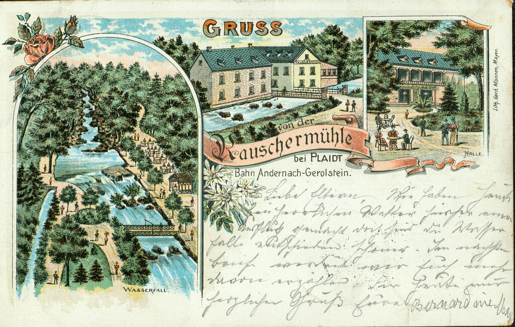 Historische Postkarte mit dem Rauscher Wasserfall und der Rauschermühle an der Nette in Plaidt (gelaufen 1898)