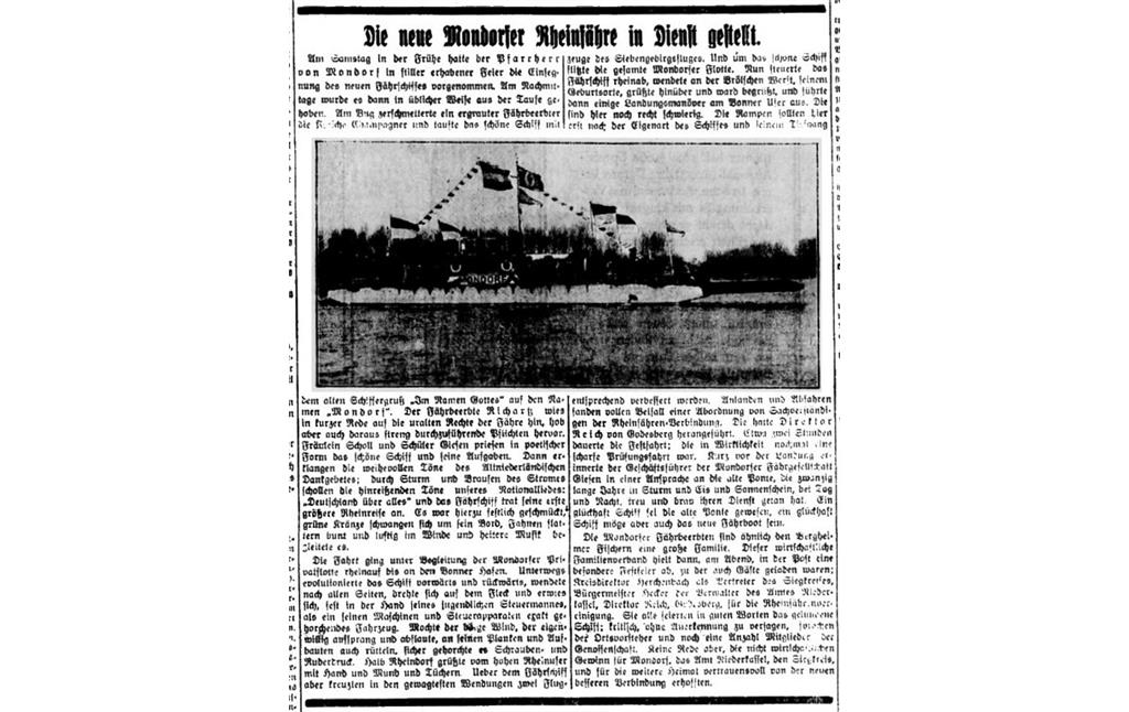 Zeitungsartikel "Die neue Mondorfer Rheinfähre in Dienst gestellt", erschienen im Generalanzeiger Bonn und Umgegend vom 01.04.1930 zur Jungfernfahrt der Fähre "Mondorf I", die zwischen Mondorf und Graurheindorf verkehrte.