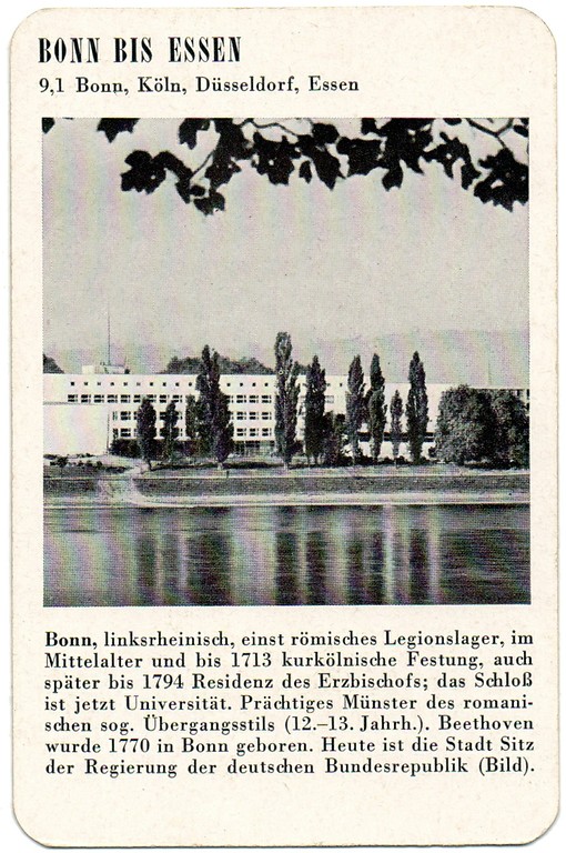 Spielkarte "Bonn" mit einem Blick auf das Regierungsviertel (aus dem Quartettspiel "Der Rhein", Ravensburger Spiele Nr. 305, Otto Maier Verlag 1952).