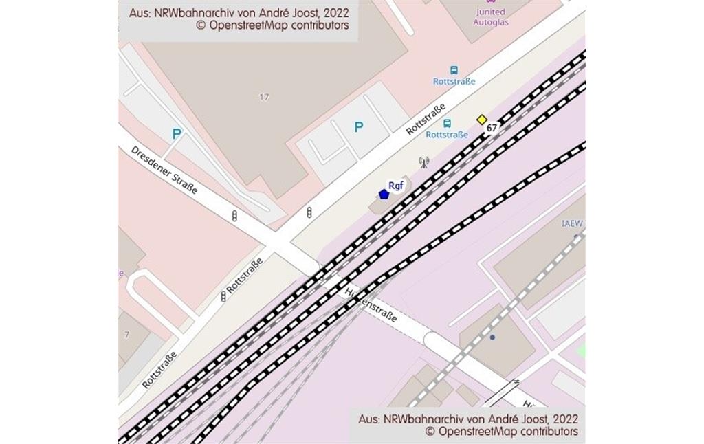 Lage des Stellwerkes Rgf im Bahnhof Aachen-Rothe Erde (2022)