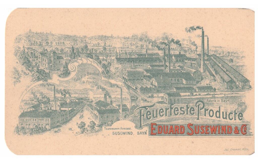 Werbekarte aus Karton mit einer Darstellung der Steinfabrik Susewind in Bendorf (1850er Jahre)
