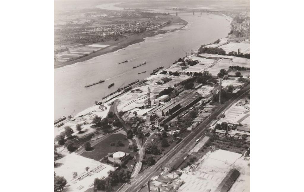 In der Bildmitte zeigt dieses Luftbild die Gebäude der Firma Dr. Otto & Comp. mit ihrem markanten Wasserturm aus dem Jahre 1916 (1957)