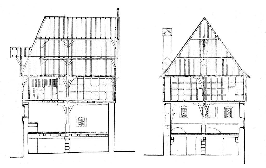 Rekonstruktionszeichnung - Längsquerschnitt - des Alten Rathauses in Dausenau von der Lahnseite aus (1978)