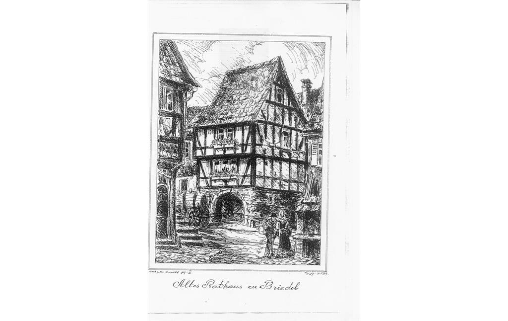Die Zeichnung des Alten Rathauses in Briedel zeigt das Gebäude im ausgehenden 19. Jahrhundert.