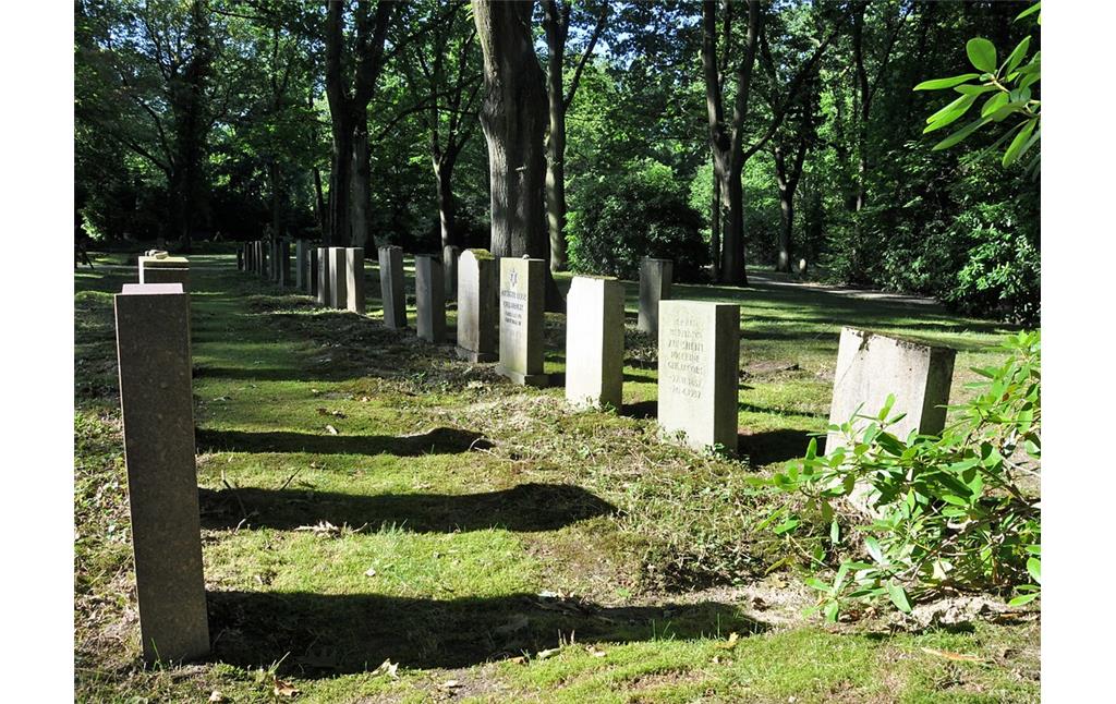 Zwei Gräberreihen auf dem neuen jüdischen Friedhof auf dem Duisburger Waldfriedhof (2016).
