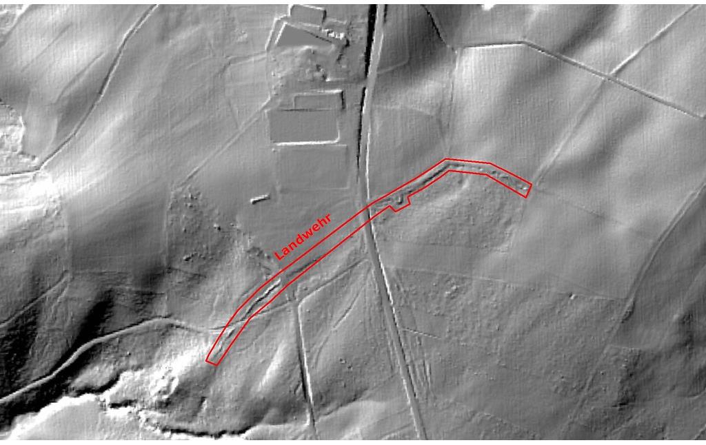 Der Verlauf der Landwehr Lindscheid in Eitorf (rote Markierung) im digitalen Geländemodell (Laserscan, Geobasis NRW, 2013)