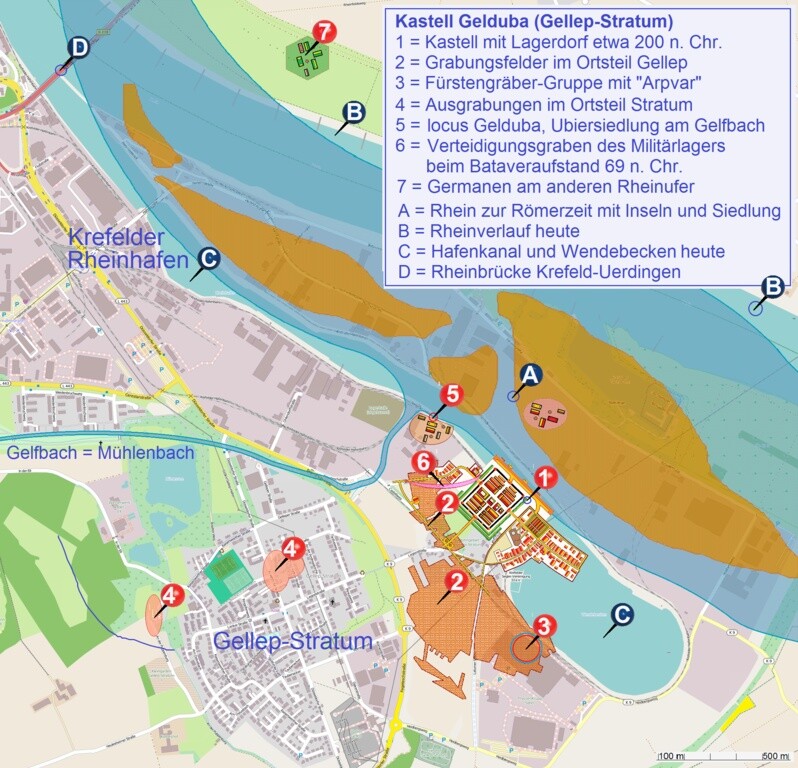 Das römische Kastell Gelduba samt Umfeld um 200 n. Chr., heutiger Bereich des Rheinhafens Krefeld und des Stadtteils Gellep-Stratum (Zeichnung nach der Literatur von Reichmann, Paar und Pirling, erstellt 2014).