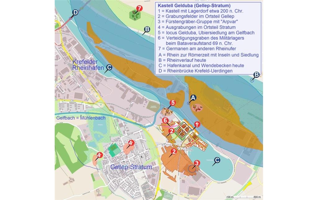 Das römische Kastell Gelduba samt Umfeld um 200 n. Chr., heutiger Bereich des Rheinhafens Krefeld und des Stadtteils Gellep-Stratum (Zeichnung nach der Literatur von Reichmann, Paar und Pirling, erstellt 2014).