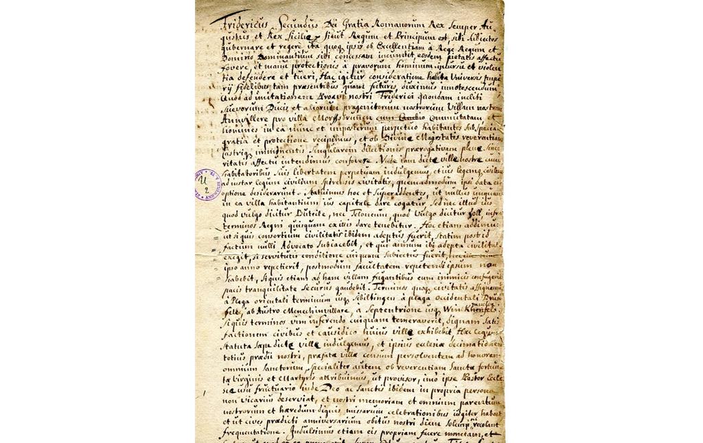 Kopie der Stadtrechtsurkunde Friedrichs II. von 1219, ausgestellt im Jahre 1748 (2020)