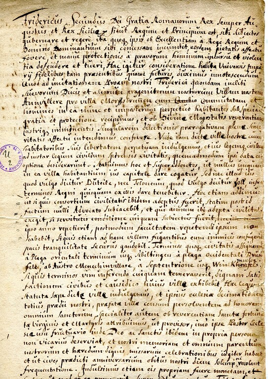 Kopie der Stadtrechtsurkunde Friedrichs II. von 1219, ausgestellt im Jahre 1748 (2020)