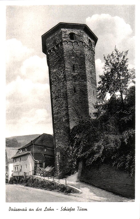 Historische Fotografie des Schiefen Turms von Dausenau (1929)