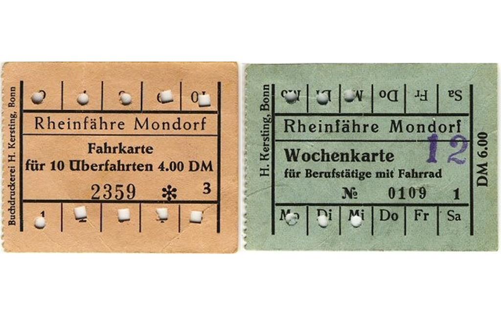 Zwei Fahrkarten für Überfahrten mit der Rheinfähre Mondorf (um 1970).