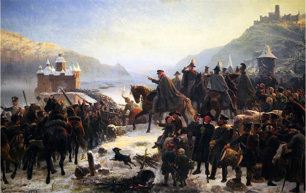 Historiengemälde von 1859 des deutschen Malers Wilhelm Camphausen (1818-1885): Rheinübergang von Fürst Gebhard Leberecht von Blücher mit der 1. Schlesischen Armee bei Kaub im Januar 1814.