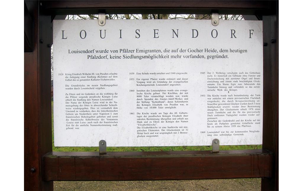 Informationstafel in Louisendorf bei Bedburg-Hau, die über die Entstehung und das Werden des Ortes informiert (2015)