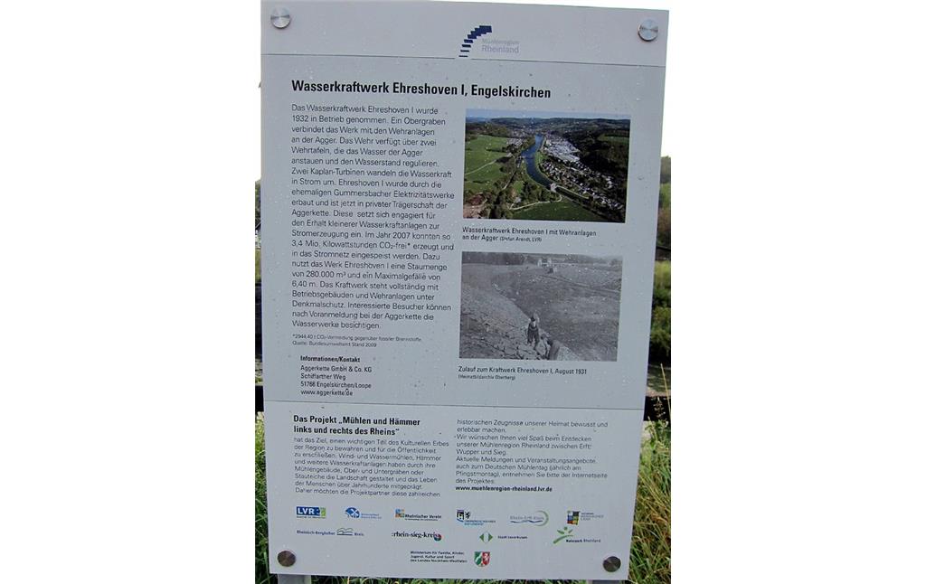 Informationstafel zum Wasserkraftwerk Ehreshoven I im heutigen Ortsteil Engelskirchen-Loope (2011).