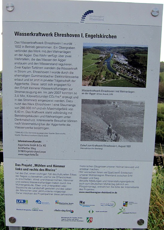 Informationstafel zum Wasserkraftwerk Ehreshoven I im heutigen Ortsteil Engelskirchen-Loope (2011).