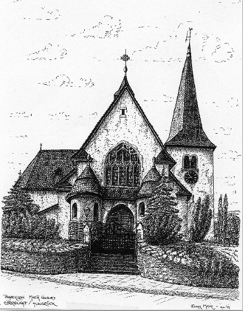 Strichzeichnung der Pfarrkirche Mariä Geburt in Berglicht (1994)