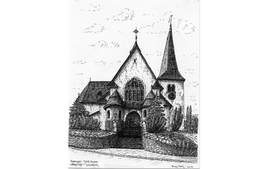 Strichzeichnung der Pfarrkirche Mariä Geburt in Berglicht (1994)