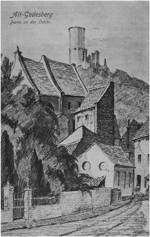 Bleistiftzeichnung von M. E. Peters (1905): "Alt-Godesberg, Partie an der Oststr.". Im Hintergrund die Godesburg, unten rechts im Bild die Synagoge in der vormaligen Synagogengasse (heutige Oststraße).