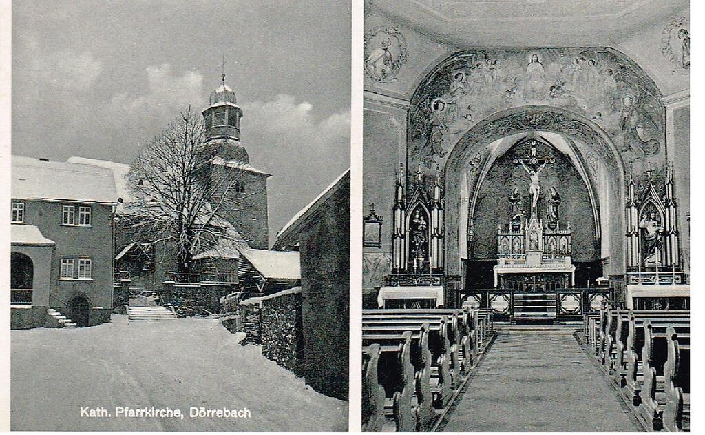 Postkarte der katholischen Kirche Dörrebach (wohl Ende 1940er, Anfang 1950er Jahre)