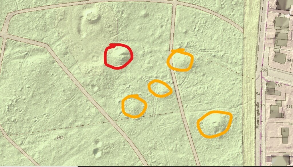 Die Grabhügel an der Monning links und rechts des heutigen Weges werden im Laserscan (LIDAR) als leichte Erhebungen im Gelände sichtbar (2023).