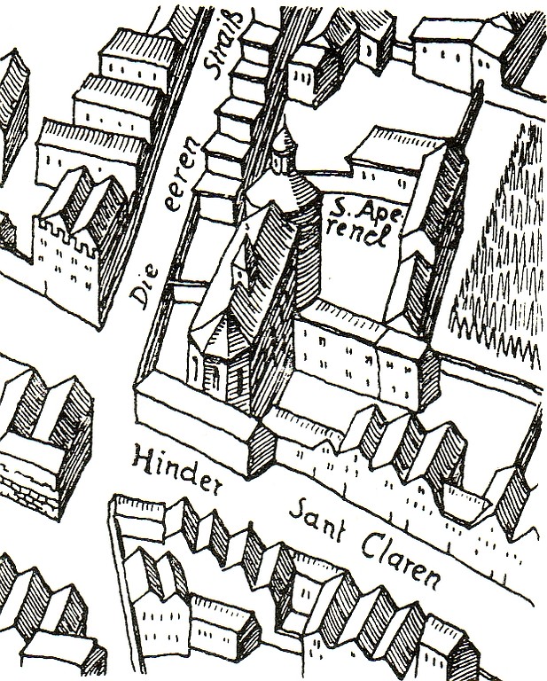 Das Chorherrenstift (später Zisterzienserinnenabtei) Sankt Mechtern bzw. Sankt Apern in Köln als "S. Aperencl(oster)" auf einer Stadtansicht nach Arnold Mercator von 1570/71.